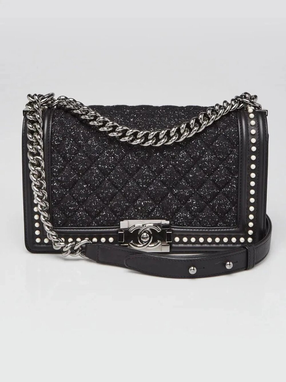 Chanel Black Quilted Tweed and Pearl Medium Boy Bag